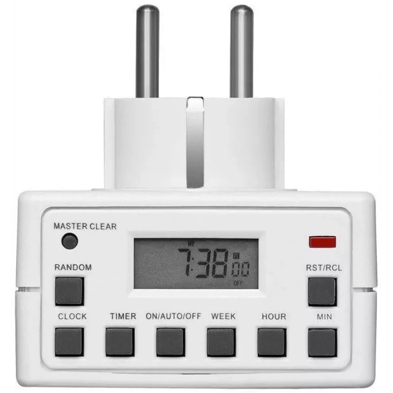 Älypistorasia MicroConnect GRUTIMER3 — sisäkäyttöön tarkoitettu ajastin LCD-näytöllä, 110×81×78 mm, valkoinen