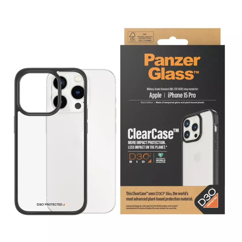 PanzerGlass ® ClearCase läpinäkyvä mustalla kehyksellä ja D3O® iPhone 15 Pro