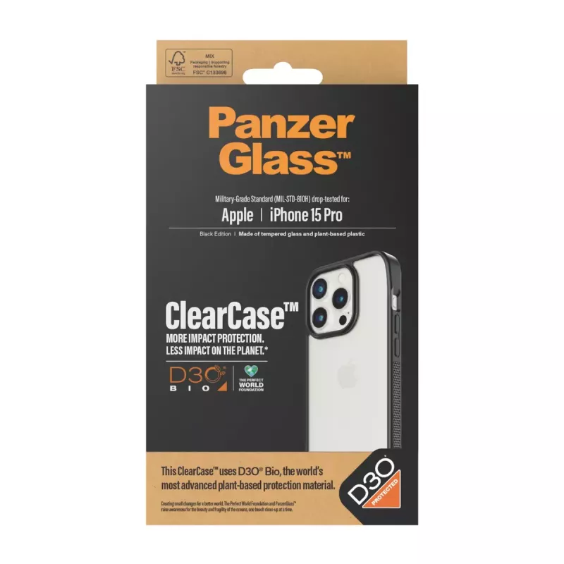 PanzerGlass ® ClearCase läpinäkyvä mustalla kehyksellä ja D3O® iPhone 15 Pro