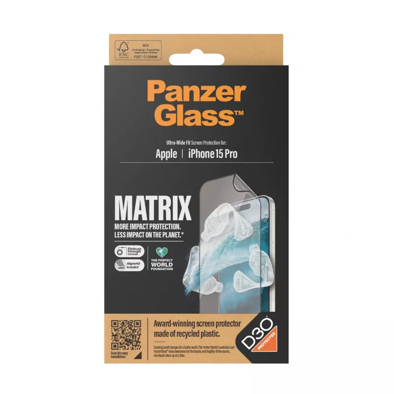 PanzerGlass ® ECO MATRIX näytönsuojakalvo ja D3O® iPhone 15 Pro | ultraleveä istuvuus ja AlignerKit