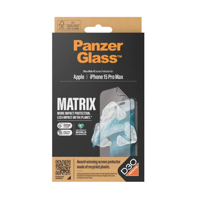 PanzerGlass ® ECO MATRIX näytönsuojakalvo ja D3O® iPhone 15 Pro Max | Ultra-Wide Fit ja AlignerKit