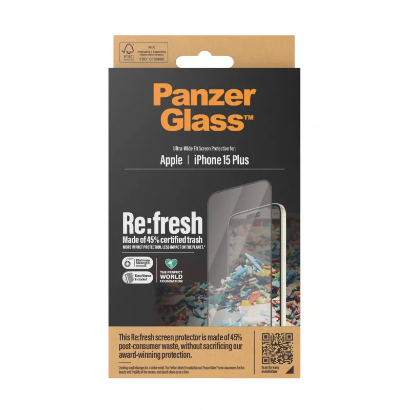PanzerGlass® Re:fresh näytönsuojakalvo iPhone 15 Plus | Ultra-Wide Fit ja EasyAligner