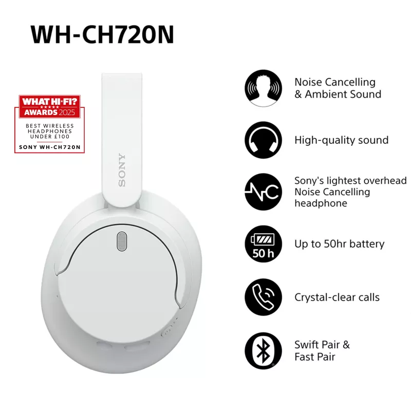 Sony WH-CH720 headset johdollinen & langaton panta puhelut/musiikki USB Type-C Bluetooth valkoinen