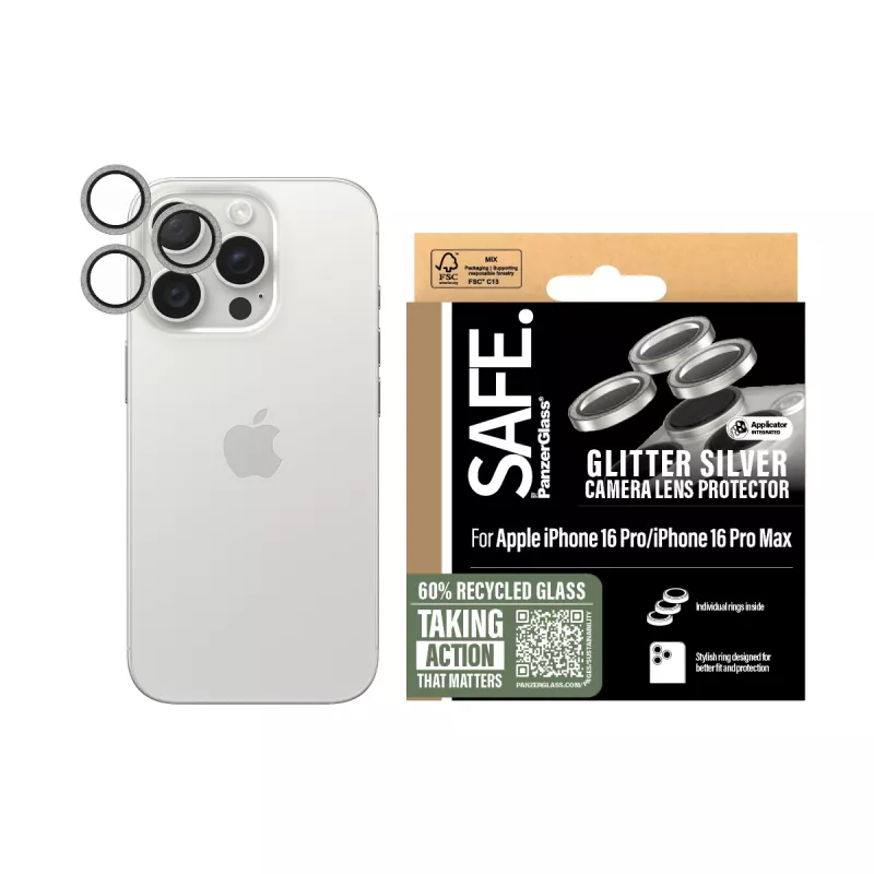 PanzerGlass SAFE. by ® kameralinssin suojus kimallus hopea iPhone 16 Pro | 16 Pro Max