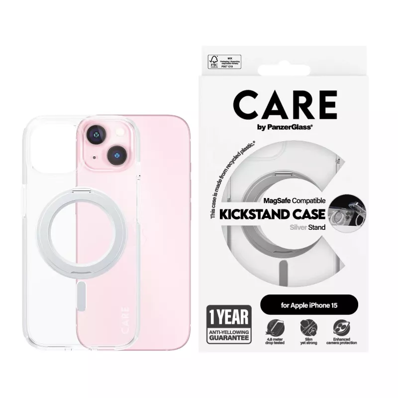 PanzerGlass CARE™ by ® kotelo läpinäkyvä w. Silver Kickstand & MagSafe iPhone 15