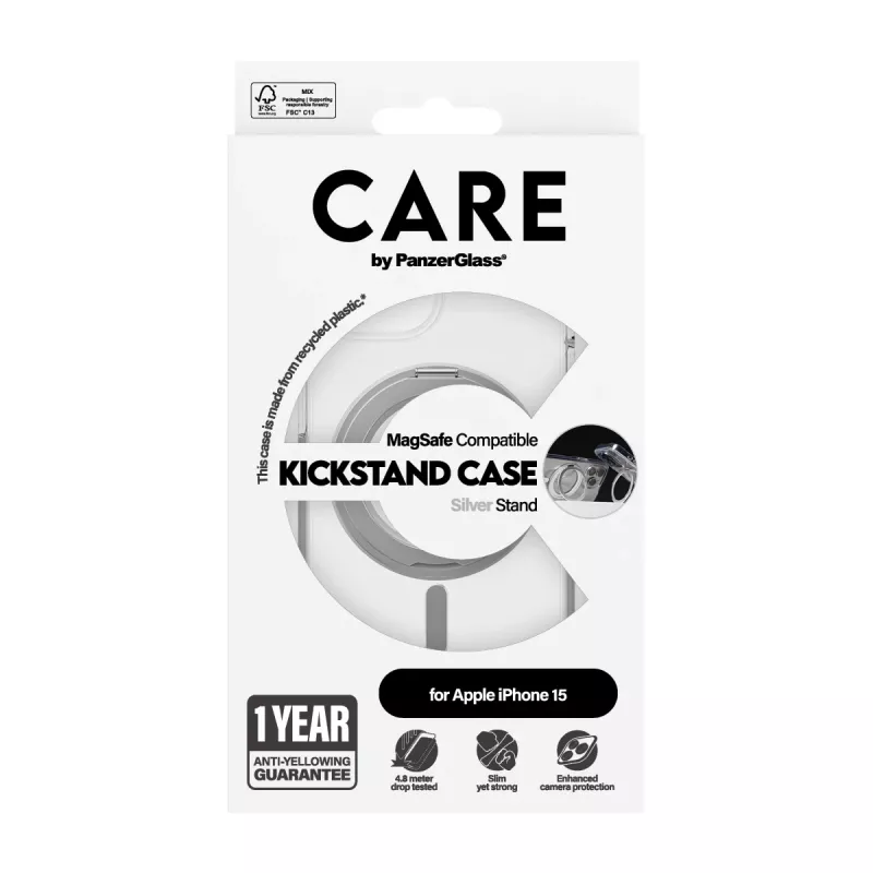 PanzerGlass CARE™ by ® kotelo läpinäkyvä w. Silver Kickstand & MagSafe iPhone 15