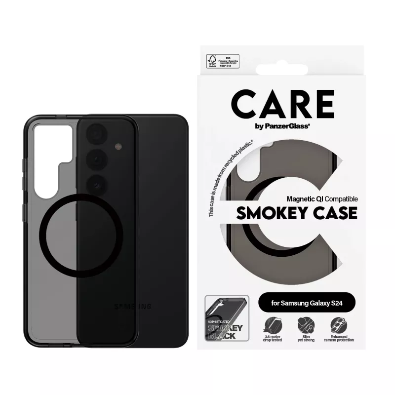 PanzerGlass CARE™ by ® Urban Combat Case Smokey mustalla Qi-yhteensopiva Samsung Galaxy S24
