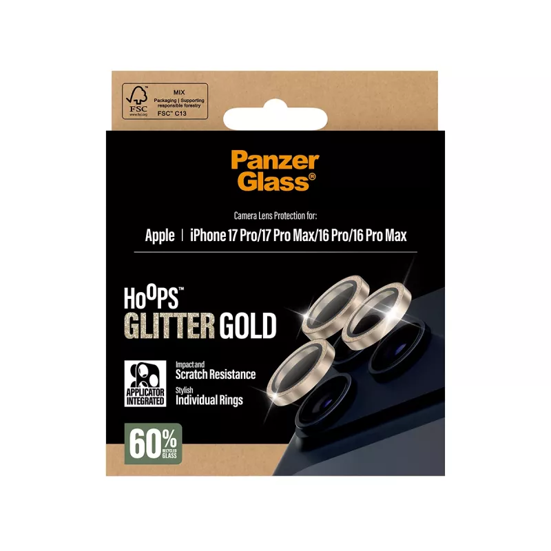 PanzerGlass® Hoops® kameran objektiivinsuoja glitter kulta iPhone 17 Pro | iPhone 17 Pro Max | iPhone 16 Pro | 16 Pro Max