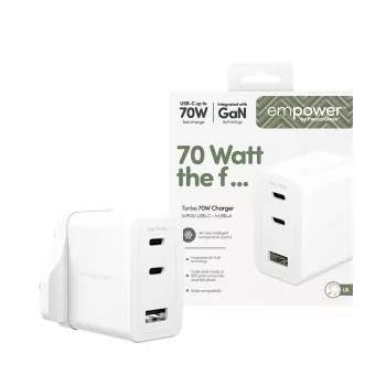 PanzerGlass empower™ by ® Turbo 70W monilaturi sis. 2 x USB-C + USB-A | UK-pistoke | hopeanvalkoinen