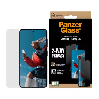 PanzerGlass 2-Way Privacy näytönsuoja Samsung Galaxy S26 — Ultra-Wide Fit, PET + silikoni, naarmuuntumaton ja iskunkestävä