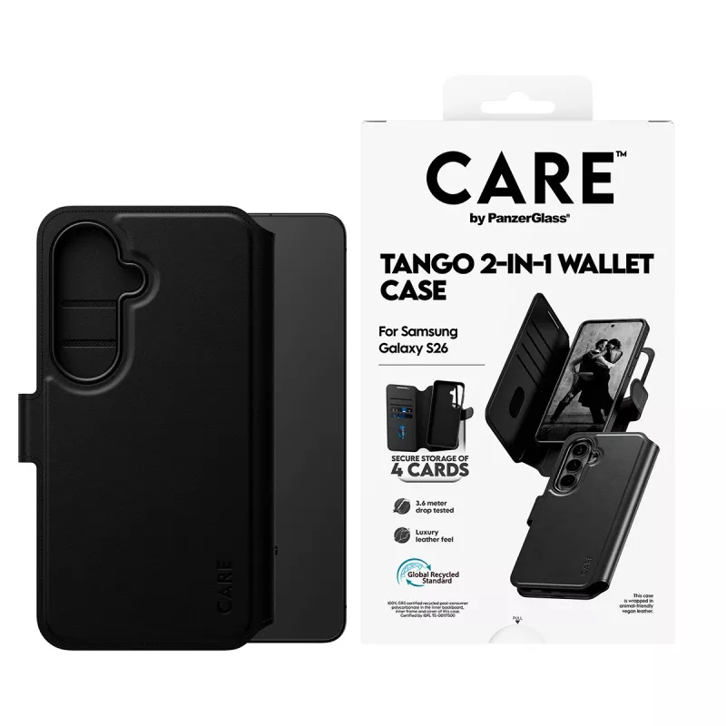 PanzerGlass CARE 2-in-1 lompakkokotelo Qi-toiminnolla Samsung Galaxy S26, läpinäkyvä kotelo
