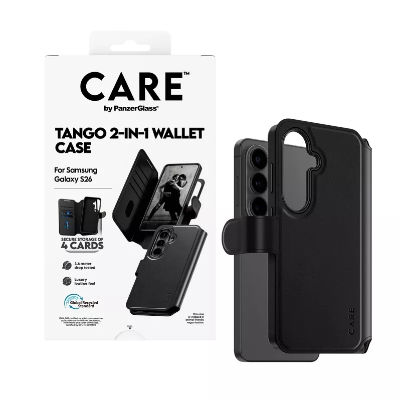 PanzerGlass CARE 2-in-1 lompakkokotelo Qi-toiminnolla Samsung Galaxy S26, läpinäkyvä kotelo