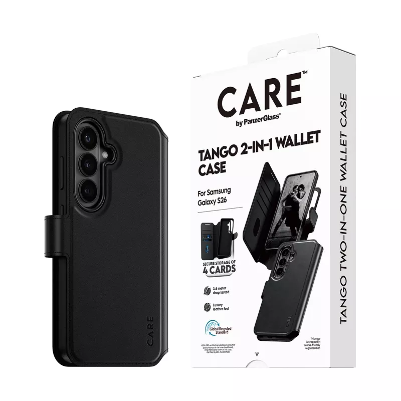 PanzerGlass CARE 2-in-1 lompakkokotelo Qi-toiminnolla Samsung Galaxy S26, läpinäkyvä kotelo
