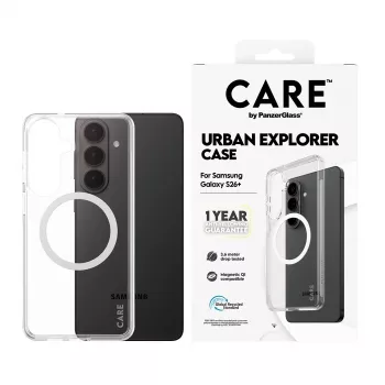 PanzerGlass CARE Urban Explorer Case suojakotelo Samsung Galaxy S26+ — läpinäkyvä, valkoinen Qi-yhteensopiva