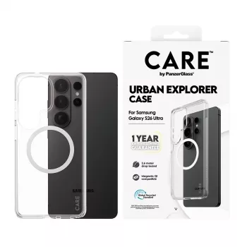 PanzerGlass CARE™ by Urban Explorer puhelinkotelo — läpinäkyvä kotelo valkoisella Qi-toiminnolla Samsung Galaxy S26 Ultra