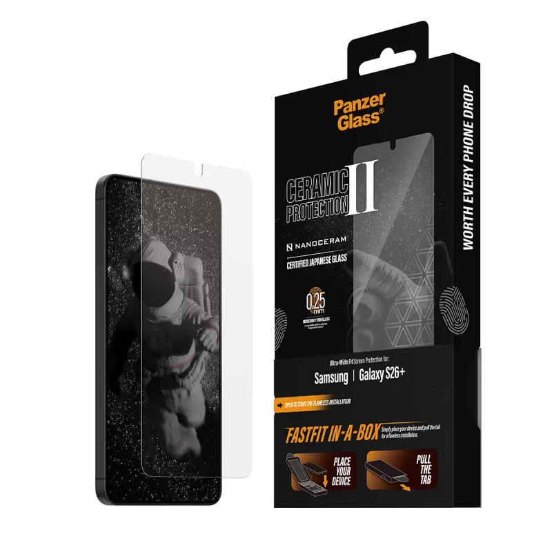 Näytönsuoja PanzerGlass Samsung Galaxy S26+ — Ceramic Ultra-Wide Fit, karkaistu lasi PET, FASTFIT