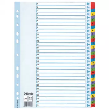 Esselte hakemisto 1-31 pahvi Mylar-kielekkeet A4, numeerinen välilehti, pahvi, monivärinen, A4, 225 mm, 297 mm