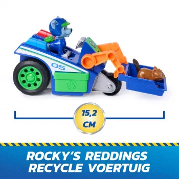 PAW Patrol: Search & Rescue, Rocky Rescue Recycler -ajoneuvo, jossa 2 hahmoa, leluauto vetotoiminnolla, lastenlelu pojille ja tytöille 3-vuotiaasta alkaen