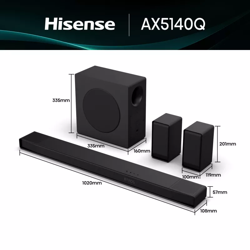 Soundbar Hisense AX5140Q 5.1.4 Dolby Atmos, 600 W RMS, langaton subwoofer 280 W, musta