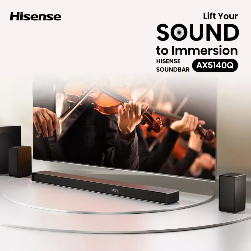 Soundbar Hisense AX5140Q 5.1.4 Dolby Atmos, 600 W RMS, langaton subwoofer 280 W, musta