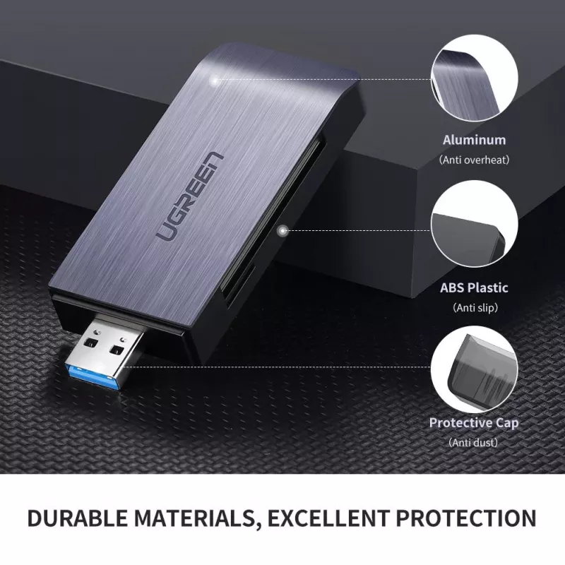 Kortinlukija UGREEN 50541 USB 3.2 Gen 1 (3.1 Gen 1) — CF, SD, MicroSD, Memory Stick, teräs, 5000 Mbit/s