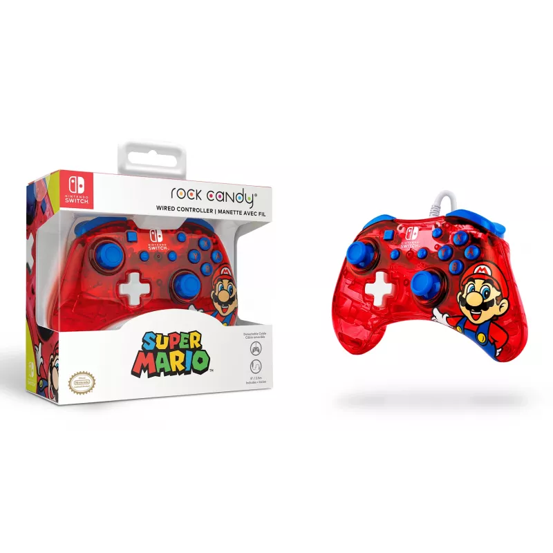 PDP Rock Candy: Mario Punch punainen, läpikuultava USB-peliohjain analoginen/digitaalinen Nintendo Switch, Nintendo Switch Lite, Nintendo Switch OLED