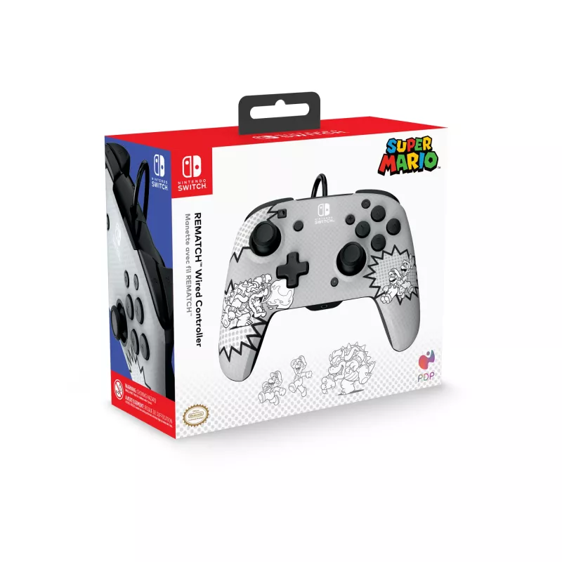 PDP REMATCH: Comic Attack musta, harmaa, valkoinen USB-peliohjain analoginen/digitaalinen Nintendo Switch, Nintendo Switch OLED