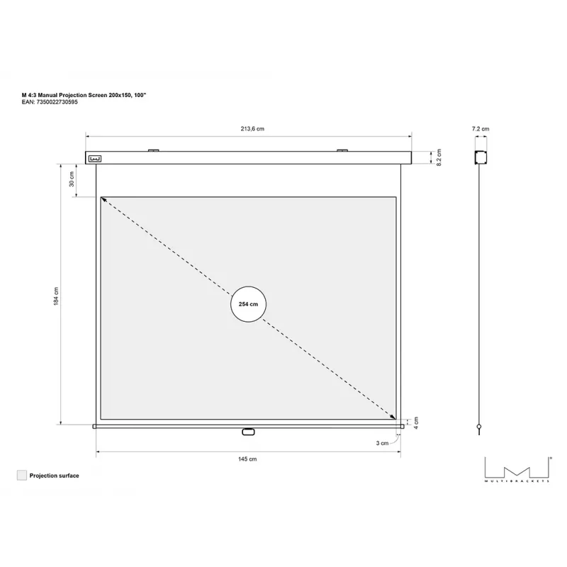 Multibrackets M 4:3 manuaalinen projektionäyttö 200x150, 100 tuumaa