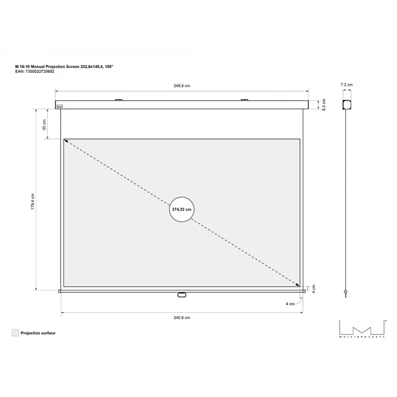 Multibrackets M 16:10 manuaalinen projektionäyttö 232,6x145,4, 108 tuumaa