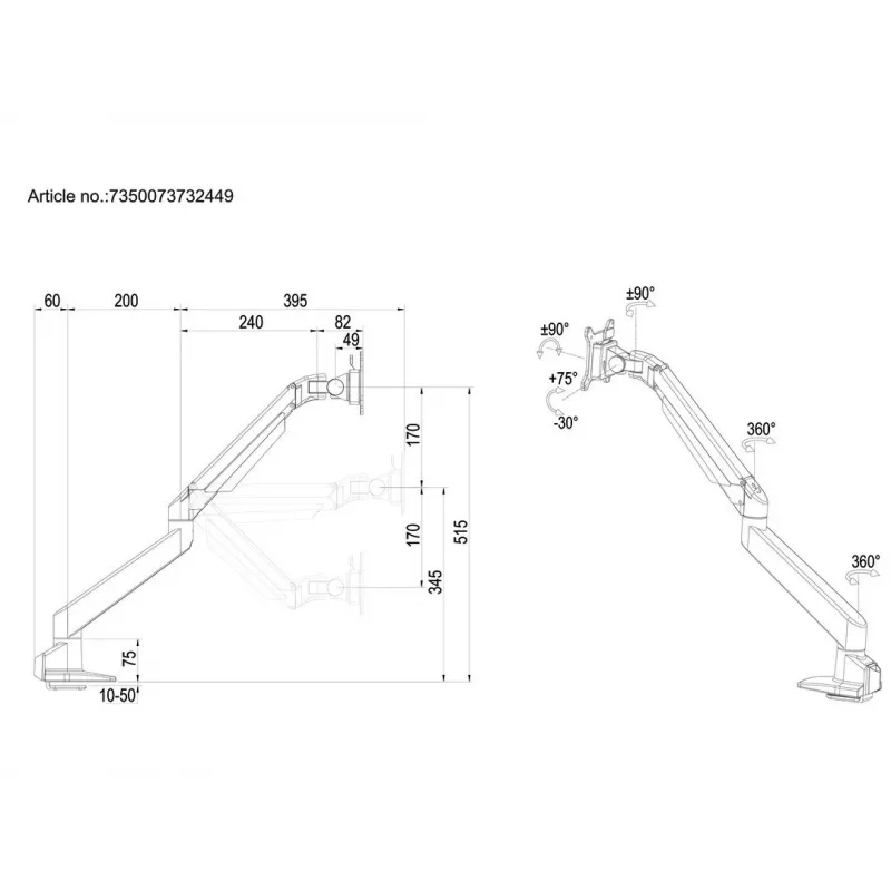 Multibrackets M VESA Gasliftarm -yksittäinen kaasujousivarsi, musta, HD