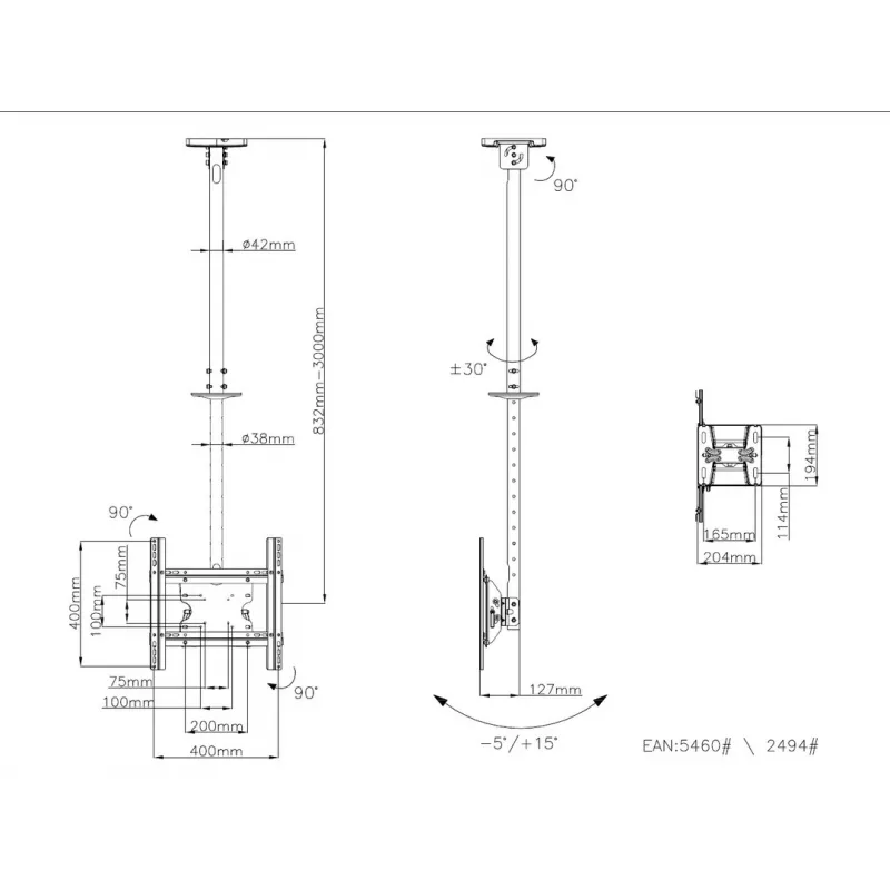 Multibrackets M Public Ceilingmount Medium Single White 3000 enimmäiskantavuus 30 kg min. näytön koko 32 tuumaa max. näytön koko 55 tuumaa