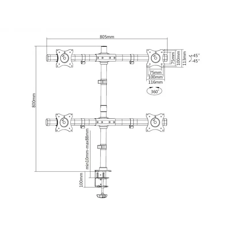 Multibrackets M Deskmount Basic Quad, puristin/läpivienti, 32 kg, 38,1 cm (15 tuumaa), 68,6 cm (27 tuumaa), 100 x 100 mm, musta