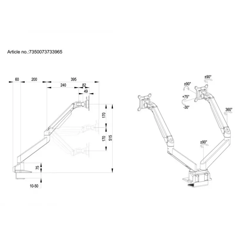 Multibrackets M VESA Gas Lift Arm Dual Side by Side, musta, puristin, 20 kg, 15-32 tuumaa