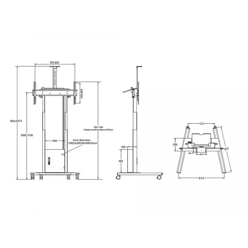 Multibrackets M Motorized Floorstand 120 kg musta sis. kaapin & kamerahyllyn