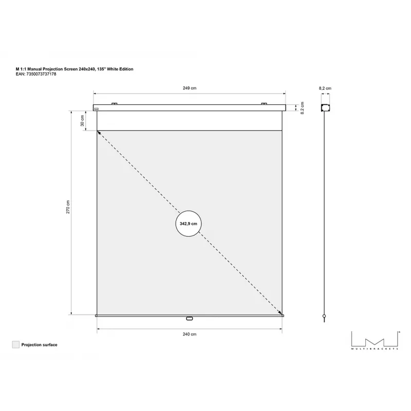 Multibrackets M 1:1 manuaalinen projektiokangas 240x240, 135 tuumaa White Edition