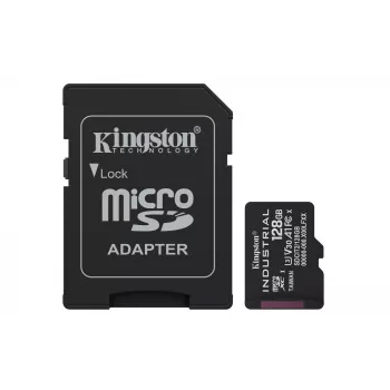 MicroSDXC-muistikortti Kingston 128 GB Industrial C10 A1 pSLC UHS-I, 100 MB/s luku, 80 MB/s kirjoitus, V30/U3, musta + SD-sovitin