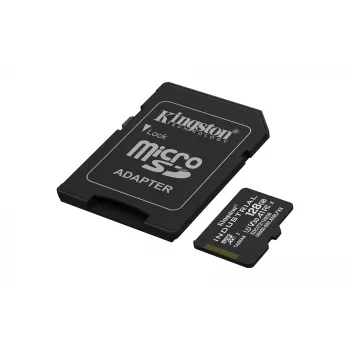 MicroSDXC-muistikortti Kingston 128 GB Industrial C10 A1 pSLC UHS-I, 100 MB/s luku, 80 MB/s kirjoitus, V30/U3, musta + SD-sovitin