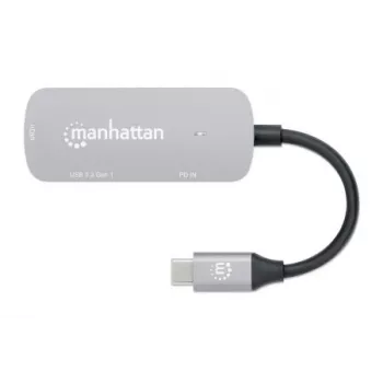 Manhattan USB-C-telakka/keskitin, portit (x3): HDMI, USB-A ja USB-C, Power Delivery (PD) 100 W – vaatii erillisen USB-C-laturin (ei sisälly). USB-virralla toimiva (erillistä virtalähdettä ei tarvita), kun PD:tä ei käytetä, alumiini