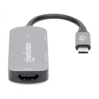 Manhattan USB-C-telakka/keskitin, portit (x3): HDMI, USB-A ja USB-C, Power Delivery (PD) 100 W – vaatii erillisen USB-C-laturin (ei sisälly). USB-virralla toimiva (erillistä virtalähdettä ei tarvita), kun PD:tä ei käytetä, alumiini