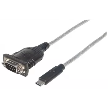 Manhattan USB-C-sarjamuunnin, uros-uros, USB-C sarjaporttiin/RS232/COM/DB9-liitäntä, Prolific PL-2303RA-piirisarja, kaapeli 45 cm, hopea/musta, polybag