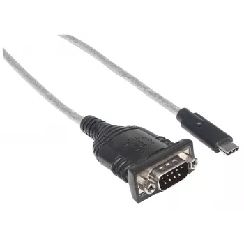 Manhattan USB-C-sarjamuunnin, uros-uros, USB-C sarjaporttiin/RS232/COM/DB9-liitäntä, Prolific PL-2303RA-piirisarja, kaapeli 45 cm, hopea/musta, polybag