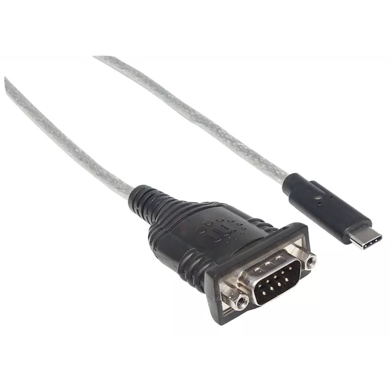Manhattan USB-C-sarjamuunnin, uros-uros, USB-C sarjaporttiin/RS232/COM/DB9-liitäntä, Prolific PL-2303RA-piirisarja, kaapeli 45 cm, hopea/musta, polybag