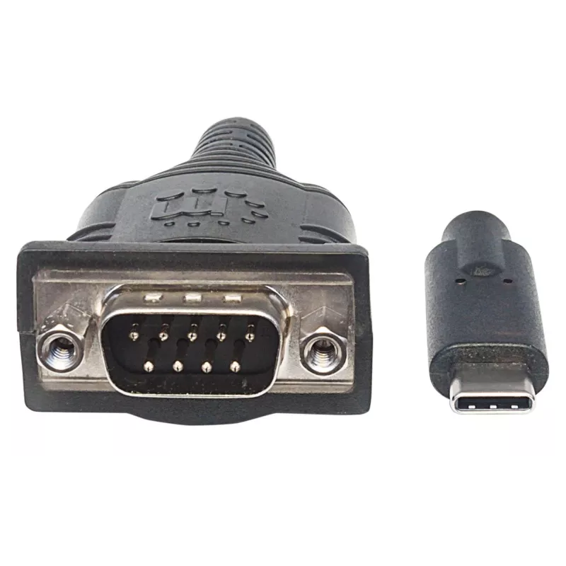 Manhattan USB-C-sarjamuunnin, uros-uros, USB-C sarjaporttiin/RS232/COM/DB9-liitäntä, Prolific PL-2303RA-piirisarja, kaapeli 45 cm, hopea/musta, polybag