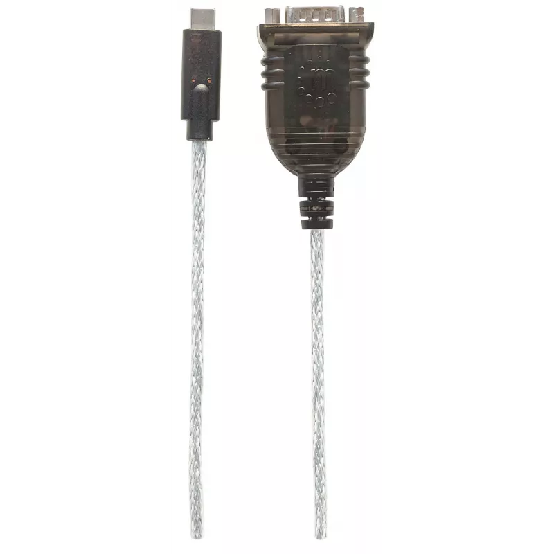 Manhattan USB-C-sarjamuunnin, uros-uros, USB-C sarjaporttiin/RS232/COM/DB9-liitäntä, Prolific PL-2303RA-piirisarja, kaapeli 45 cm, hopea/musta, polybag