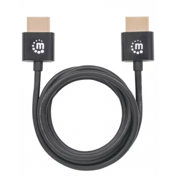 Manhattan HDMI-kaapeli Ethernetillä (Ultra Thin), 4K@60Hz (Premium High Speed), 1 m, uros-uros, musta, Ultra HD 4k x 2k, täysin suojattu, kullatut kontaktit, elinikäinen takuu