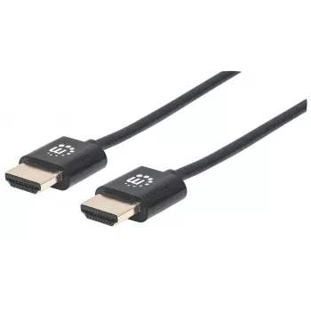 Manhattan HDMI-kaapeli Ethernetillä (ultraohut), 4K@60Hz (Premium High Speed), 1,8 m, uros-uros, musta, Ultra HD 4K x 2K, täysin suojattu, kullatut kontaktit, elinikäinen takuu