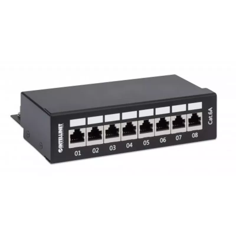 Intellinet patch-paneeli, Cat6a, FTP, 8-porttinen, pöytämalli, suojattu, 90° Top-Entry LSA-listat, musta