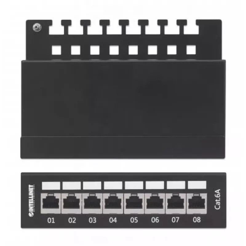 Intellinet patch-paneeli, Cat6a, FTP, 8-porttinen, pöytämalli, suojattu, 90° Top-Entry LSA-listat, musta