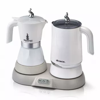 Ariete 1344 Breakfast Station, 3 laitetta 1:ssä: mokapannu, vedenkeitin, maidonvaahdotin lämpimälle ja kylmälle maidolle, 500 W, 2/4 kupillista, pitää kahvin lämpimänä, 5 toimintoa, valkoinen