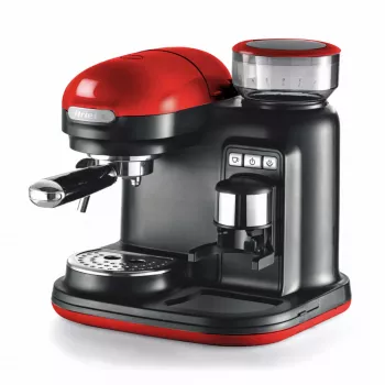 Ariete 1318 Moderna espressokeitin integroidulla kahvimyllyllä, kahvipavuille ja kahvijauheelle, maidonvaahdotin Cappuccinatore, 1 ja 2 kupin suodatin, 1080 W, 800 ml, punainen